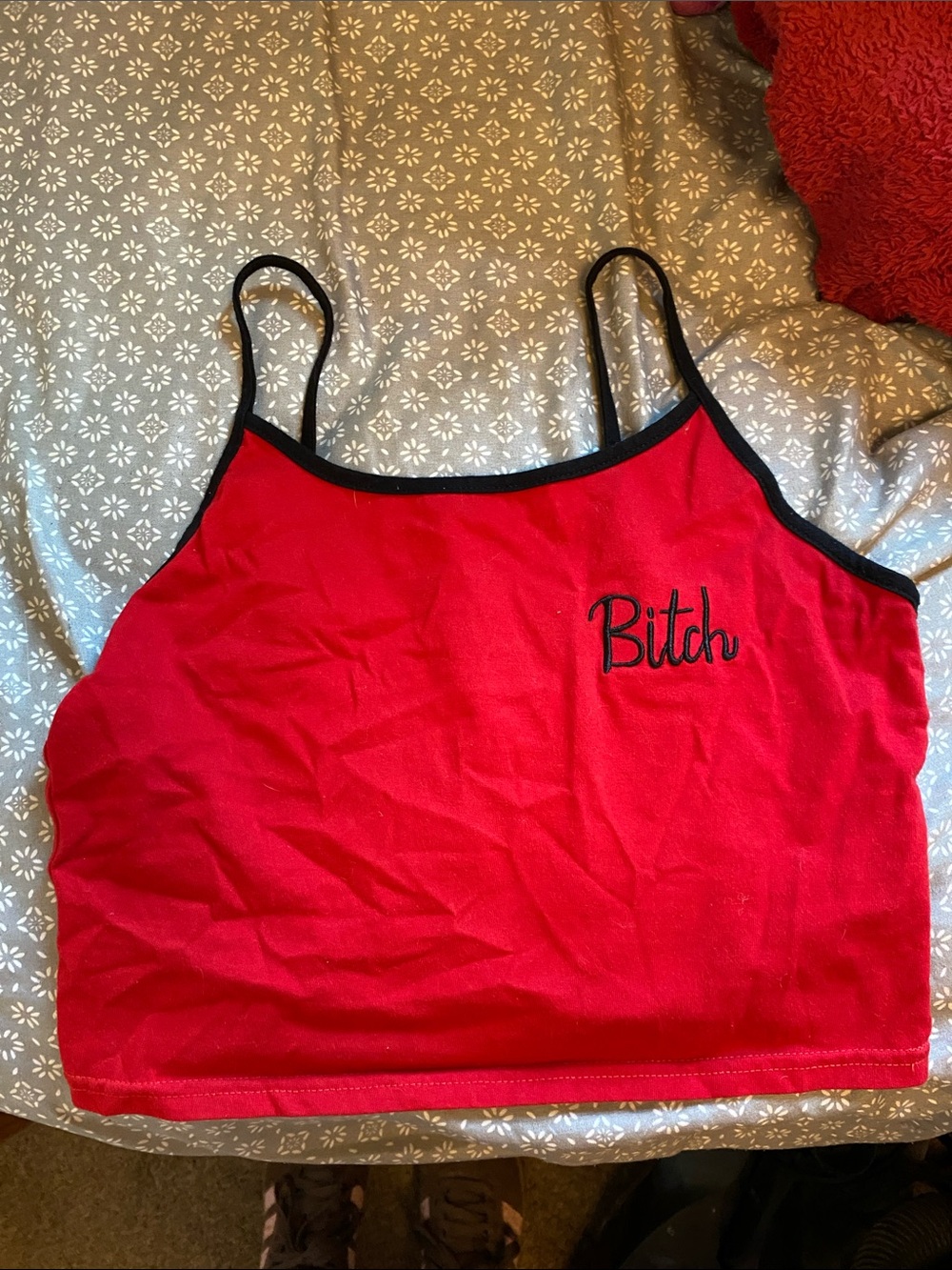 Red Crop Tank Top with Embroidered Script